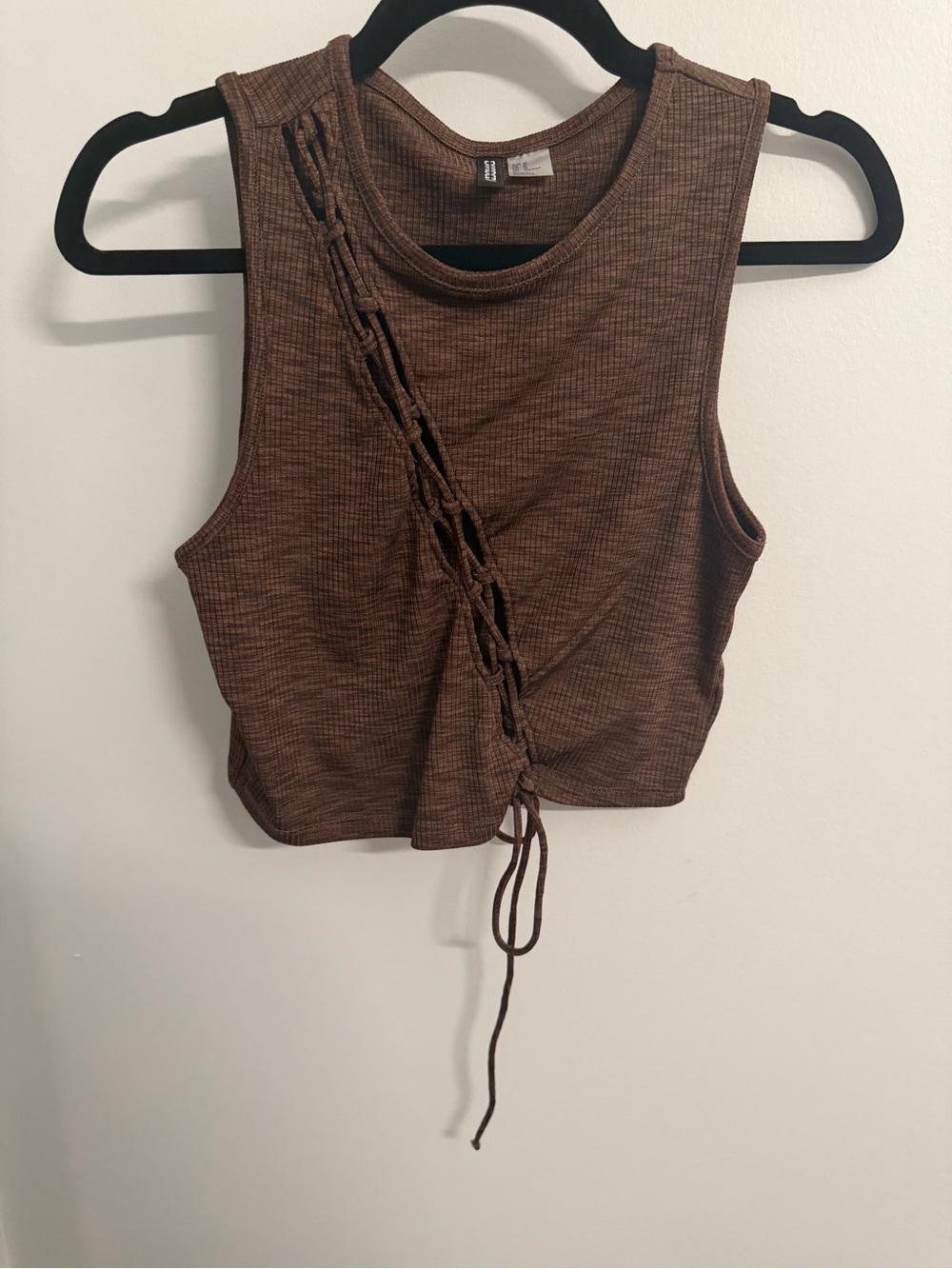 Brown Lace-Up Ribbed Crop Tank Top